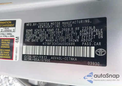 2010 Toyota Camry Se/Le/Xle from USA, damaged, VIN 4T1BF3EK5AU090688
